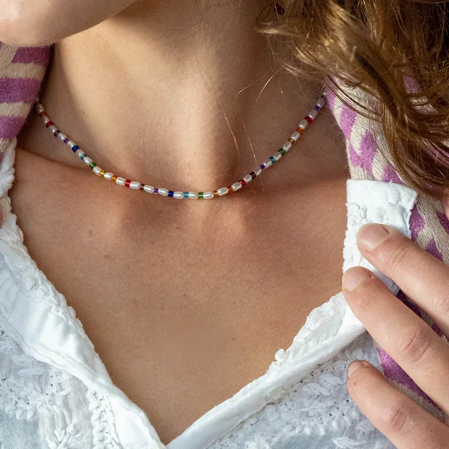 Ivory pearl and rainbow bead necklace