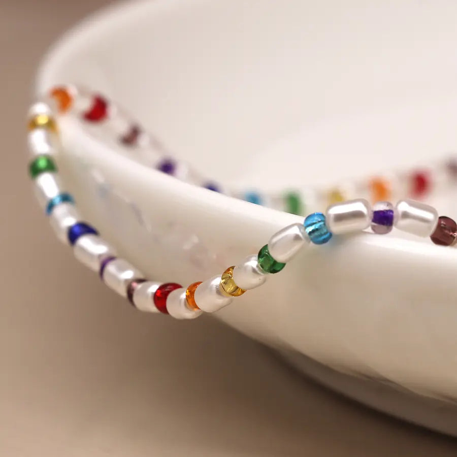 Ivory pearl and rainbow bead necklace