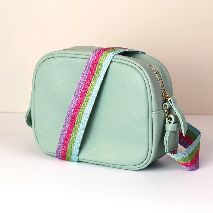 Mint vegan leather camera bag with striped strap