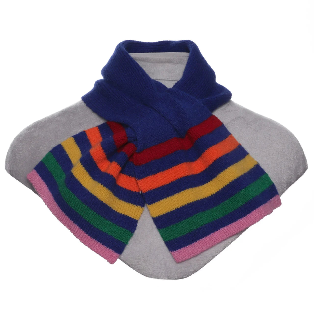 Rainbow pull through blue knitted scarf