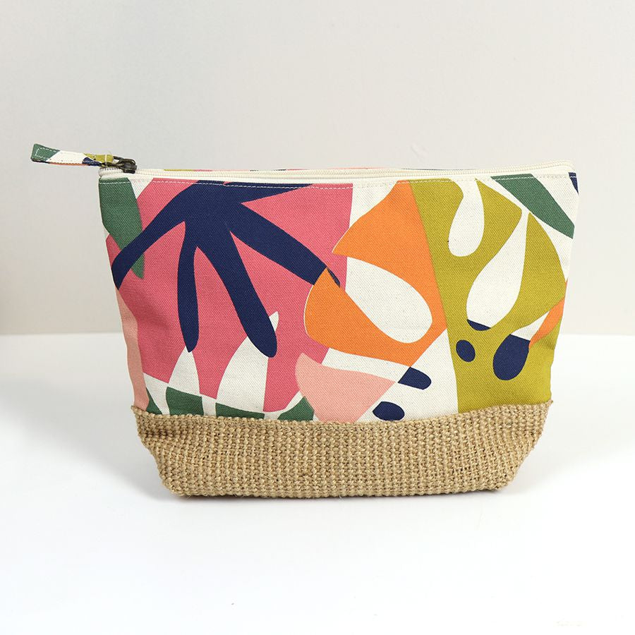 Pink and orange mix tropical canvas travel pouch make up bag.