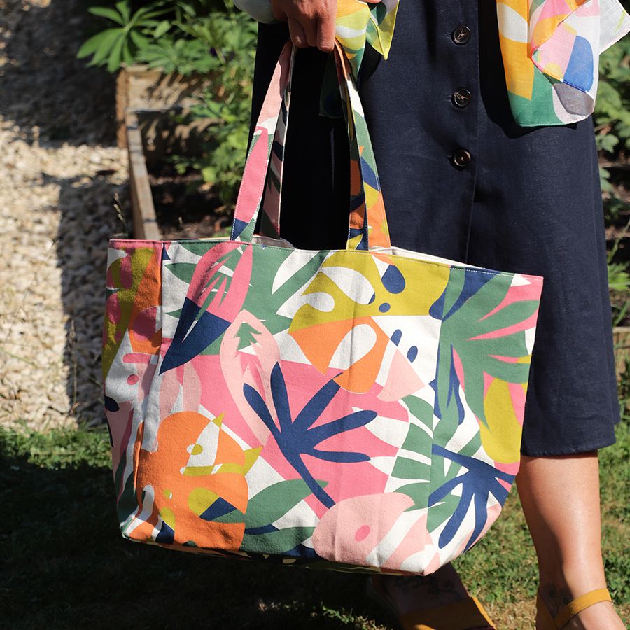 Pink and orange mix tropical canvas tote bag/ beach bag.