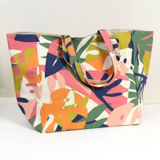 Pink and orange mix tropical canvas tote bag/ beach bag.