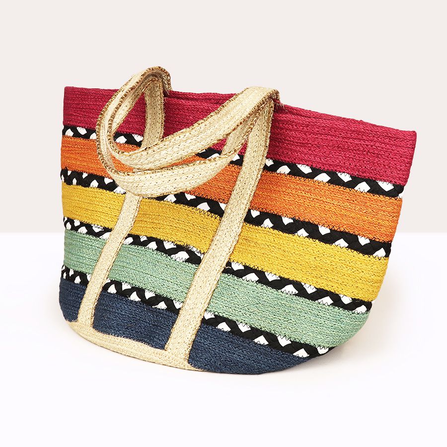 Bright rainbow colour stripe jute and black and white recycled beach bag