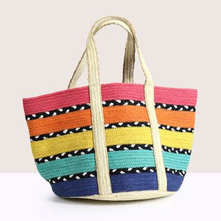 Bright rainbow colour stripe jute and black and white recycled beach bag