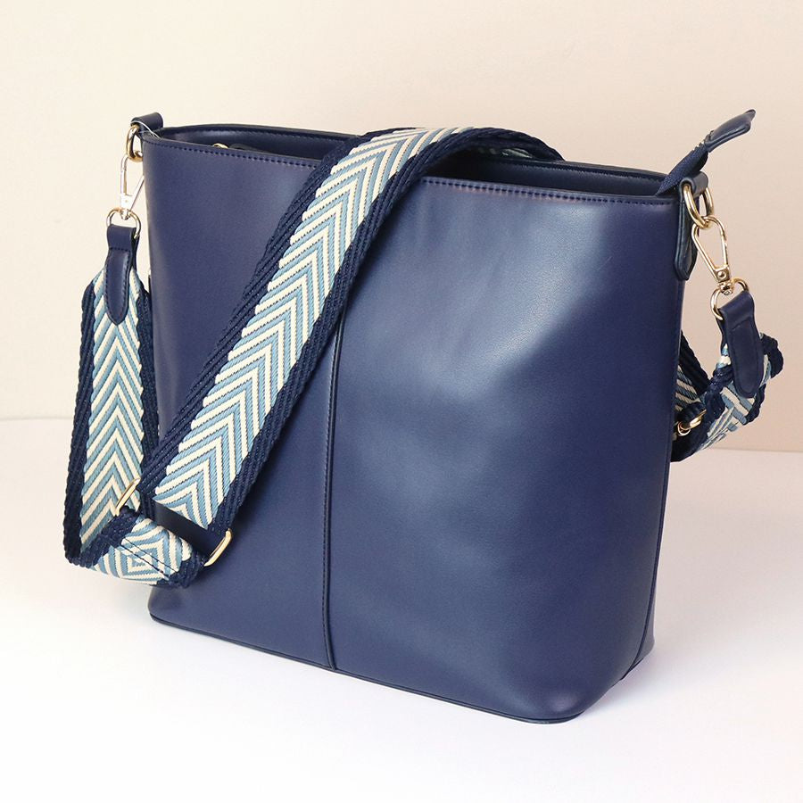 Navy Vegan Leather shoulder handbag with chevron strap