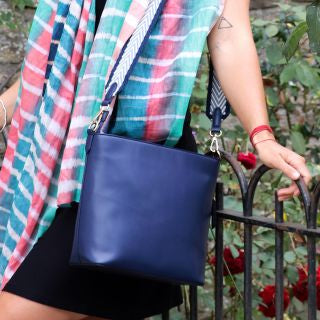 Navy Vegan Leather shoulder handbag with chevron strap