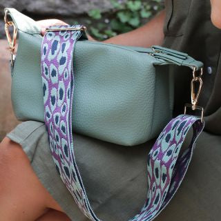 Pale green Vegan Leather double zip bag with removable purple animal strap