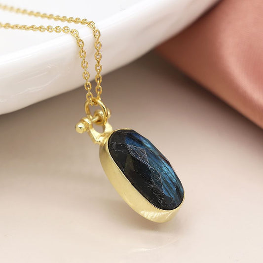 Gold plated faceted labradorite oval necklace