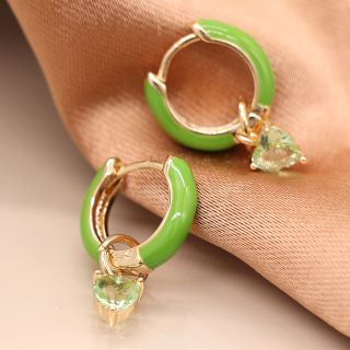 Green enamel huggie hoop and crystal drop earrings