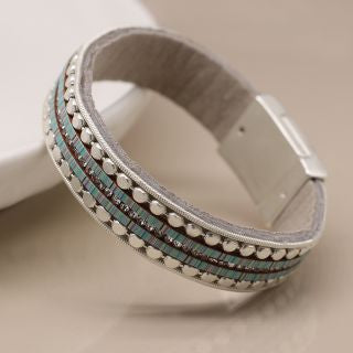 Grey, aqua and silver plated leather bracelet. Magnetic clasp.