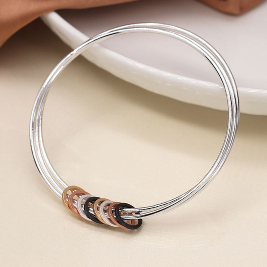Silver plated triple bangle set with mixed metallic hoops