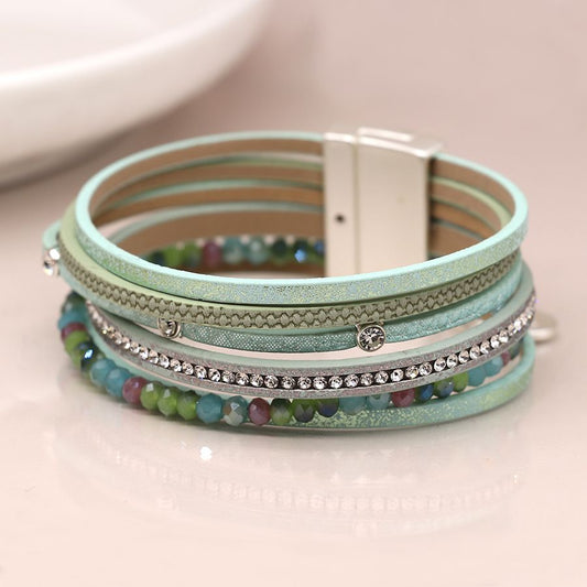 Aqua leather bracelet with mixed beads and crystals. Magnetic fastening.
