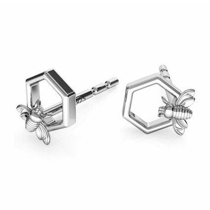 Honeycomb & bee tiny sterling silver stud earrings