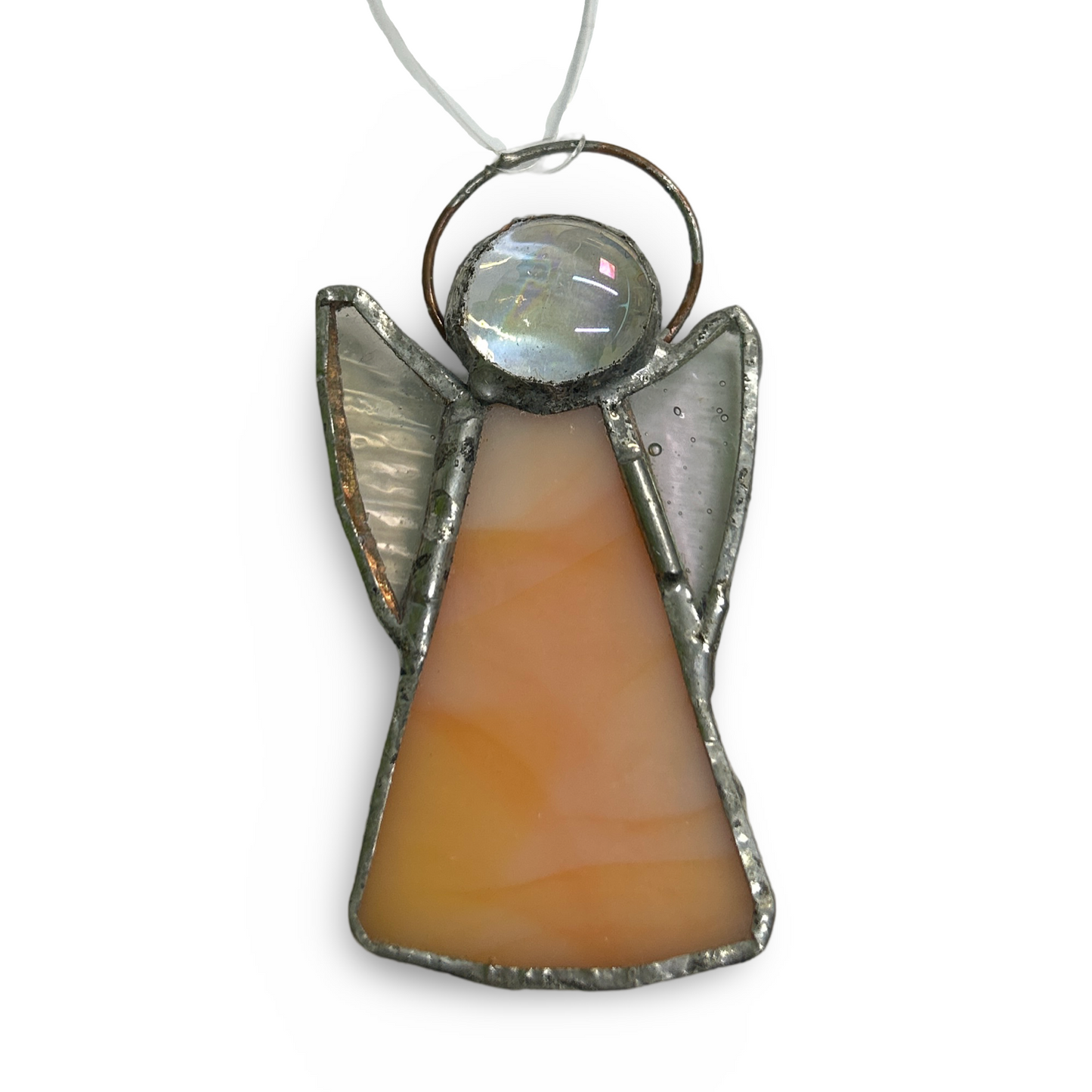 Perc's stained glass guardian angel hanging decoration in peach. Handmade in Norfolk.